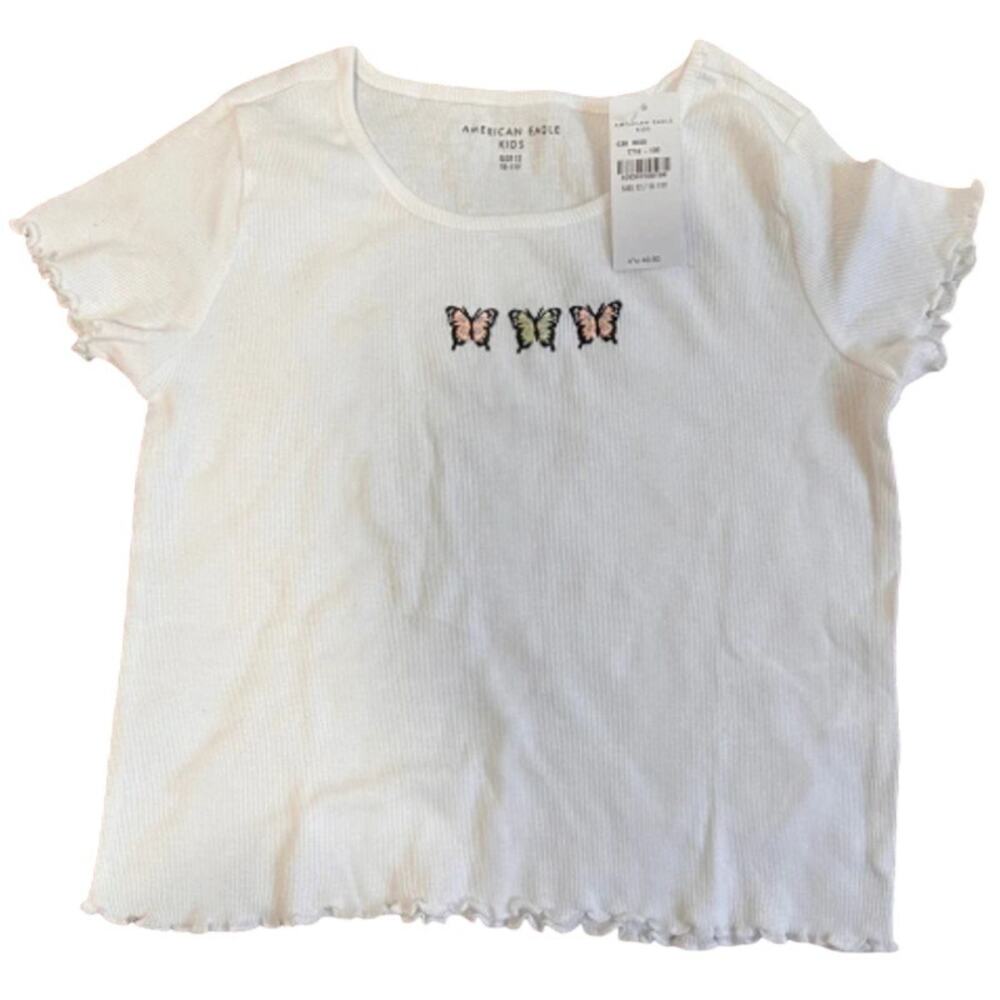 American Eagle White Butterfly‎ Graphic Rib Lettuce Hem Crop Top Girls 16 13/14y